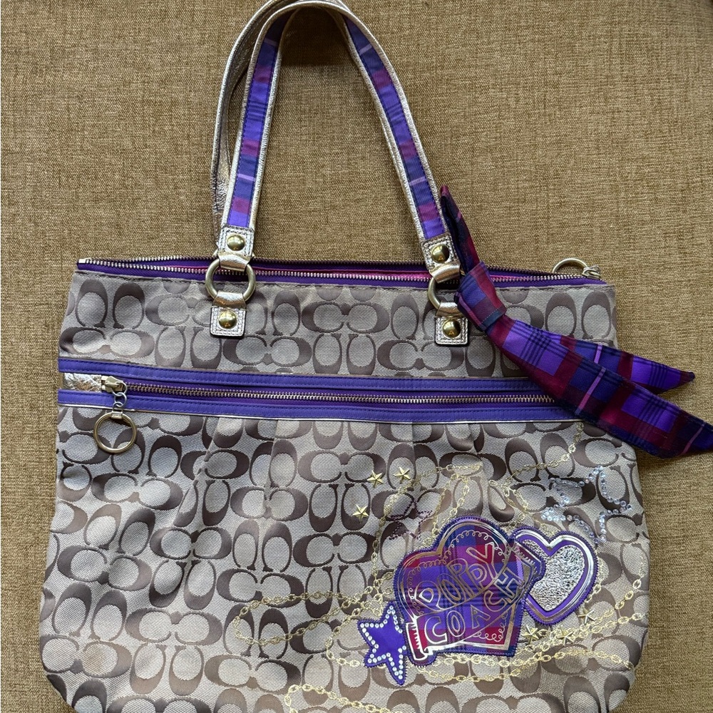 Coach Gray Tote with Purple Accents